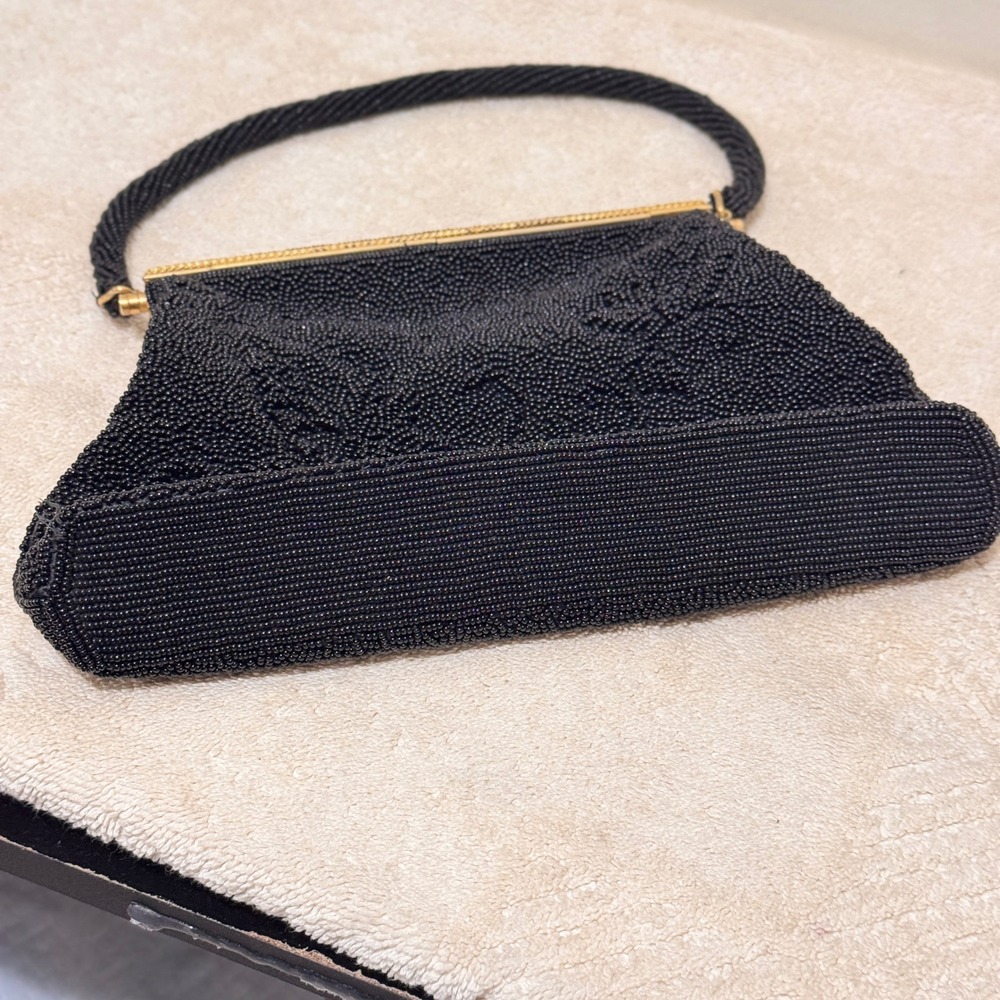 Vintage 1960s Black Hand Beaded Floral Evening Handbag Made in Hong Kong - Picture 11 of 14
